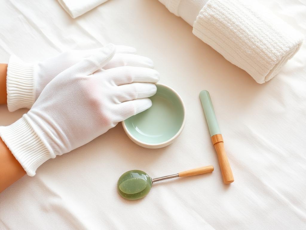 Facial treatment setup with gloves, warm towel and ceramic dish on ivory linen