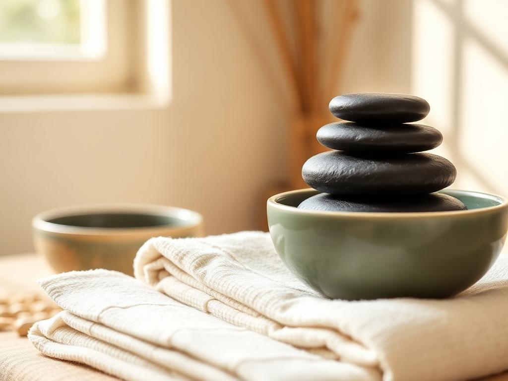 Smooth heated basalt stones resting in a ceramic bowl on folded linens