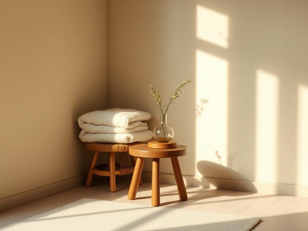 Quiet, softly lit treatment corner with folded blankets and a small vase